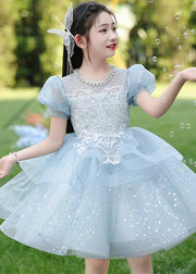 Fine Blue Nail Bead Bow Tulle Girls Maxi Dresses Summer