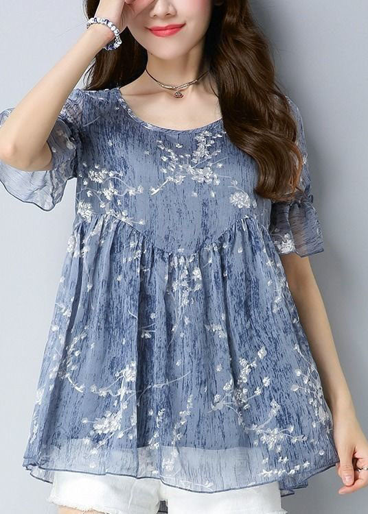 Fine Blue O Neck Print Patchwork Chiffon Shirt Tops Summer