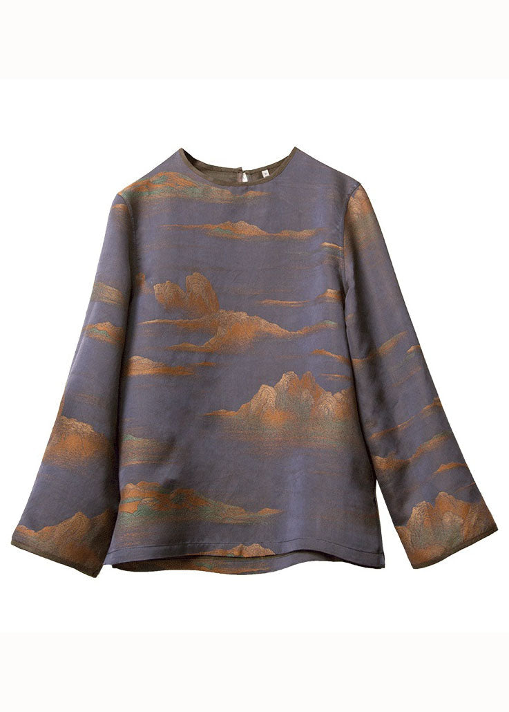 Fine Blue O Neck Print Patchwork Silk Tops Long Sleeve