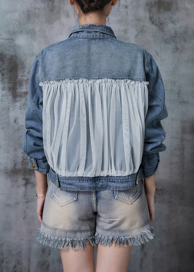 Fine Blue Oversized Patchwork Tulle Denim Jacket Fall