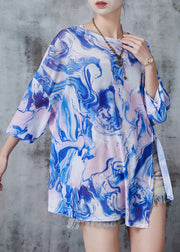 Fine Blue Oversized Print Chiffon UPF 50+ Top Fall