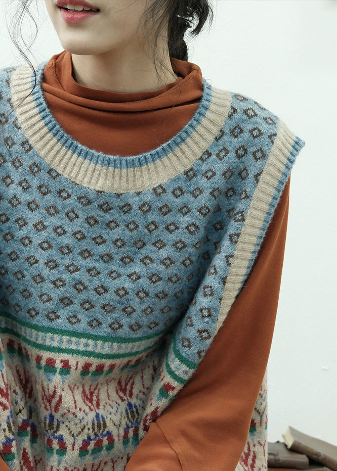 Fine Blue Oversized Print Knit Vests Fall