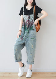 Fine Blue Patchwork Pockets Print Denim Jumpsuit Summer