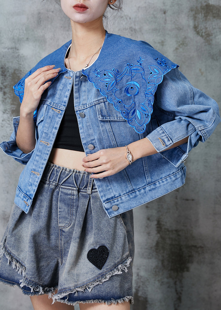 Fine Blue Peter Pan Collar Embroidered Denim Short Jackets Spring