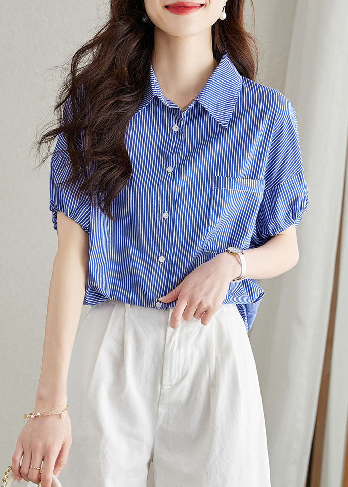 Fine Blue Peter Pan Collar Striped Button Patchwork Cotton Shirt Summer