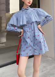 Fine Blue Tulle Patchwork Print Cotton Shift Dresses Spring