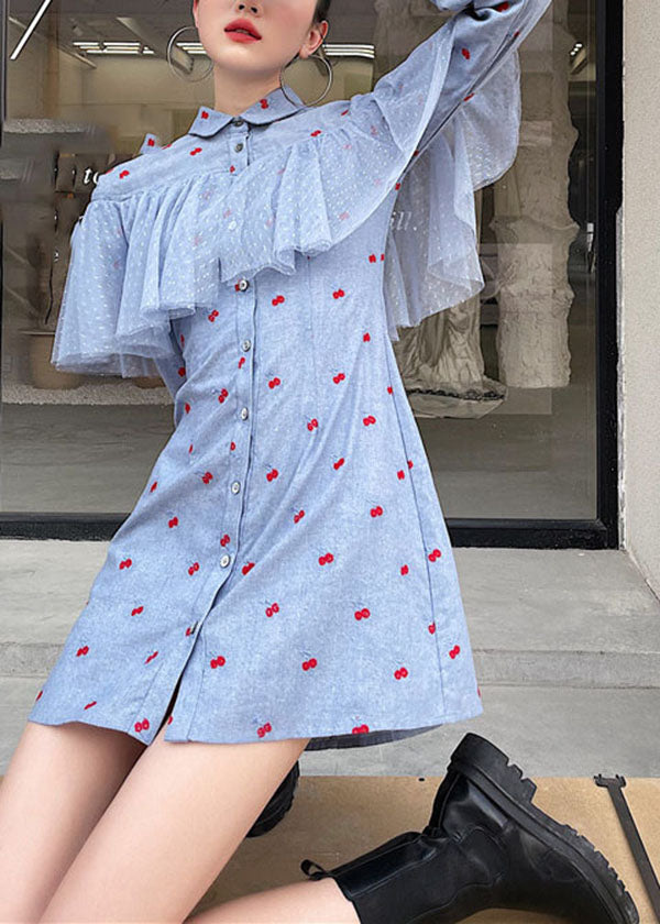 Fine Blue Tulle Patchwork Print Cotton Shift Dresses Spring