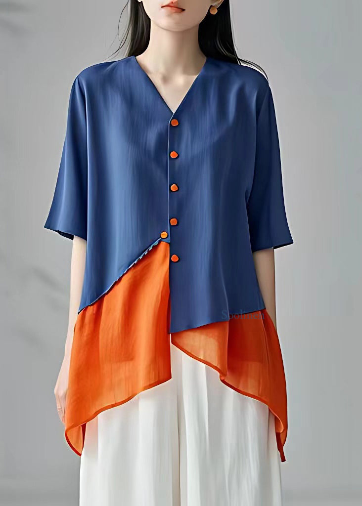 Fine Blue V Neck Asymmetrical Patchwork Button Chiffon Top Short Sleeve