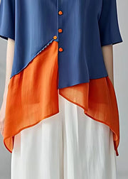 Fine Blue V Neck Asymmetrical Patchwork Button Chiffon Top Short Sleeve