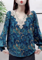 Fine Blue V Neck Lace Patchwork Print Chiffon Blouse Top Long Sleeve