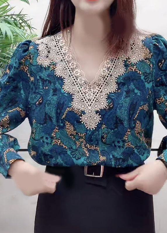 Fine Blue V Neck Lace Patchwork Print Chiffon Blouse Top Long Sleeve