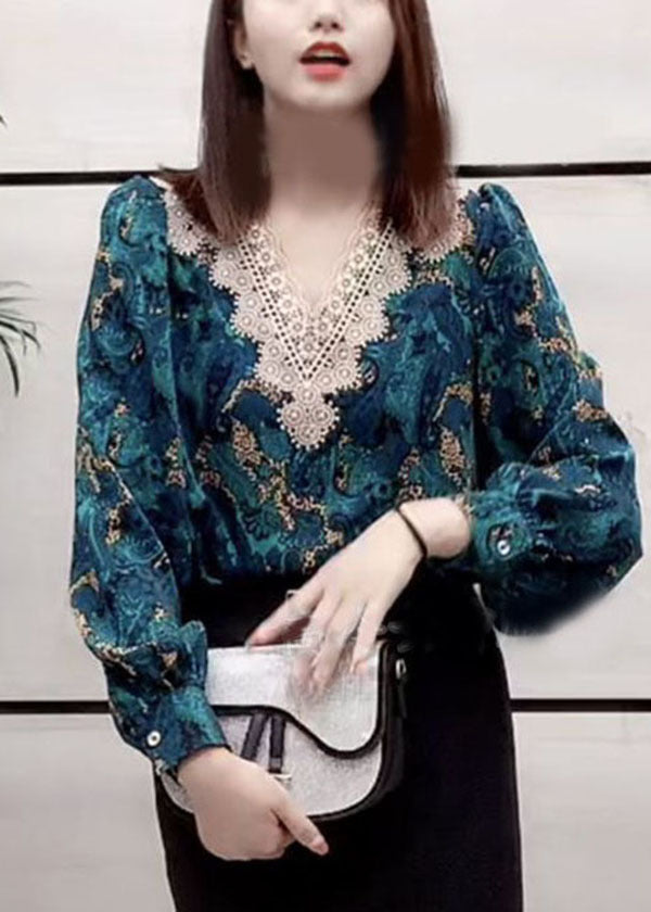 Fine Blue V Neck Lace Patchwork Print Chiffon Blouse Top Long Sleeve