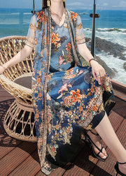 Fine Blue V Neck Print 2024 Silk Fake Two Piece Vacation Dresses Short Sleeve