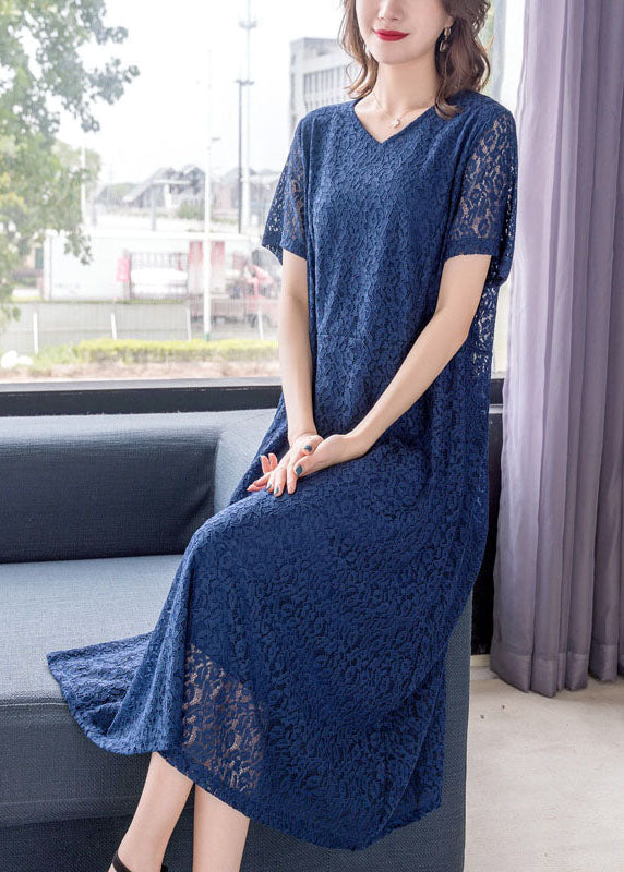 Fine Blue V Neck Wrinkled Patchwork Lace Dress Summer