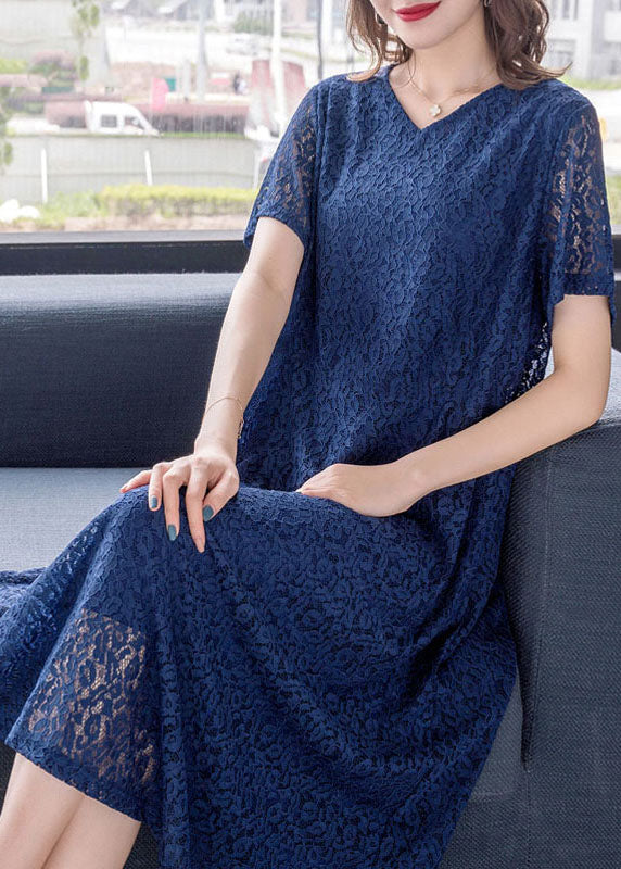 Fine Blue V Neck Wrinkled Patchwork Lace Dress Summer