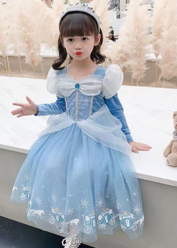 Fine Blue Wrinkled Cartoon Patchwork Tulle Kids Girls Princess Dress Fall