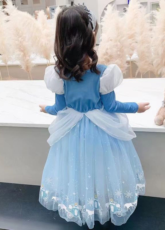 Fine Blue Wrinkled Cartoon Patchwork Tulle Kids Girls Princess Dress Fall