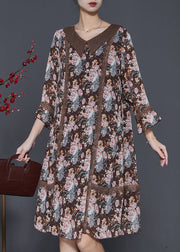 Fine Brown Print Patchwork Lace Cotton Vacation Dresses Spring