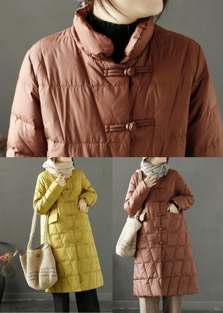 Fine Brown Stand Collar Pockets Duck Down Down Coat Winter