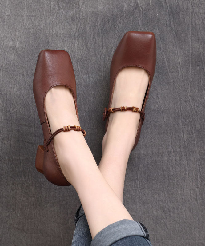 Fine Buckle Strap Splicing Chunky High Heels Brown Cowhide Leather