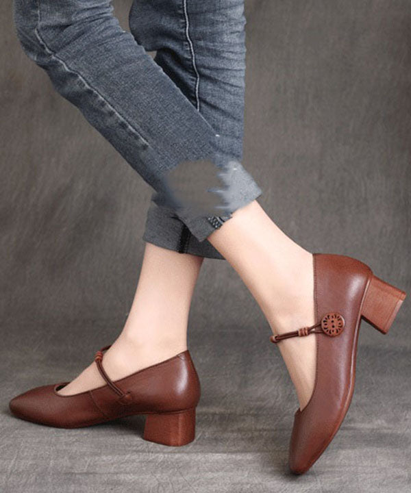 Fine Buckle Strap Splicing Chunky High Heels Brown Cowhide Leather