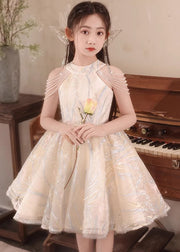 Fine Champagne O-Neck Nail Bead Tassel Tulle Girls Long Dresses Summer