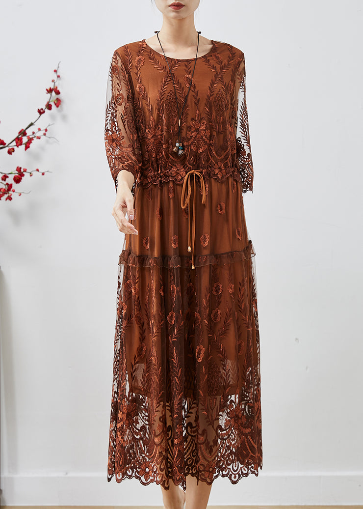 Fine Chocolate Embroidered Cinched Tulle Holiday Dress Summer