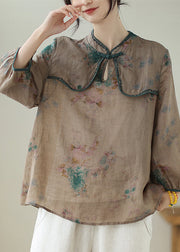 Fine Chocolate Embroideried Print Chinese Button Linen Top Summer