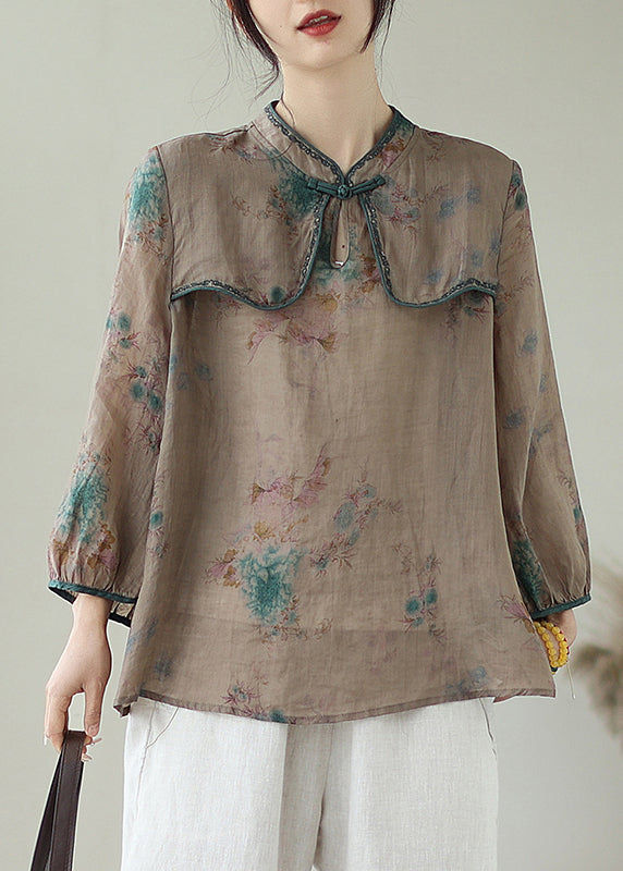 Fine Chocolate Embroideried Print Chinese Button Linen Top Summer