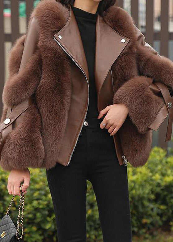 Fine Chocolate Fox Collar Zippered Leather And Faux Fur Coats Winter