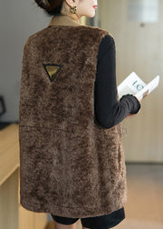 Fine Chocolate Notched Patchwork Button Faux Fur Waistcoat Fall