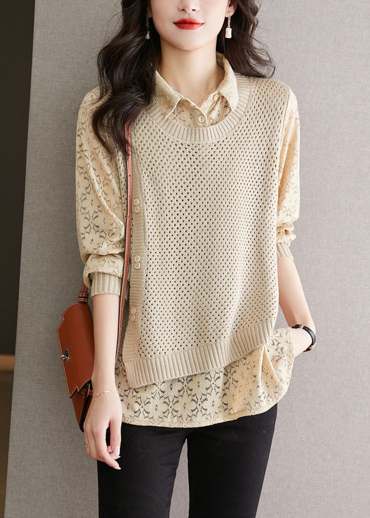 Fine Coffee Peter Pan Collar Lace Patchwork False Two Pieces Knit Tops Fall