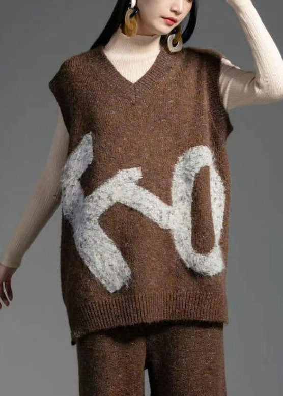 Fine Coffee V Neck Print Knit Vest Sleeveless