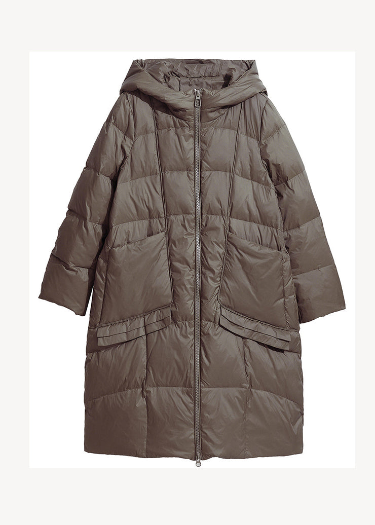 Fine Coffee Zip Up Hooded Patchwork Duck Down Winter Coats Winter