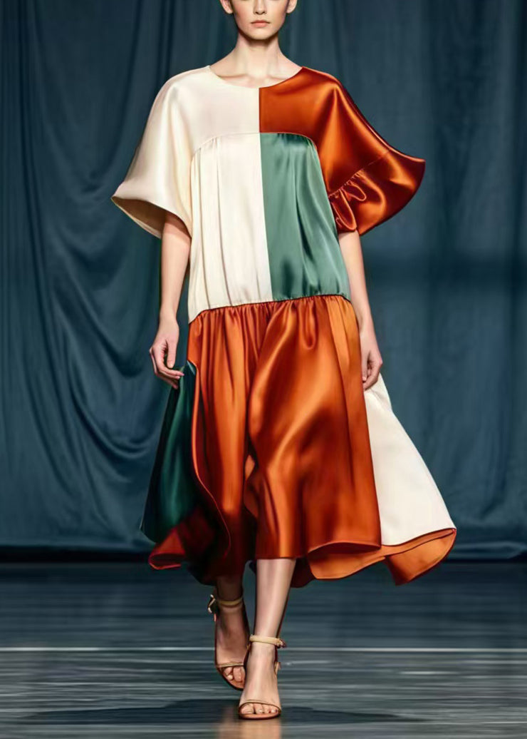 Fine Colorblock Asymmetrical Patchwork Silk Party Dress Summer