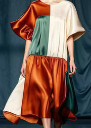 Fine Colorblock Asymmetrical Patchwork Silk Party Dress Summer