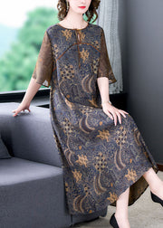 Fine Colorblock O Neck Print Patchwork Silk Long Dress Summer