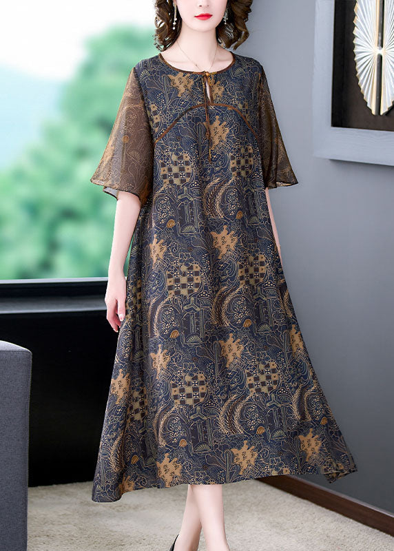 Fine Colorblock O Neck Print Patchwork Silk Long Dress Summer