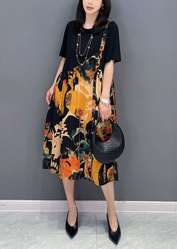 Fine Colorblock O Neck Wrinkled Print Patchwork Cotton Dresses Summer