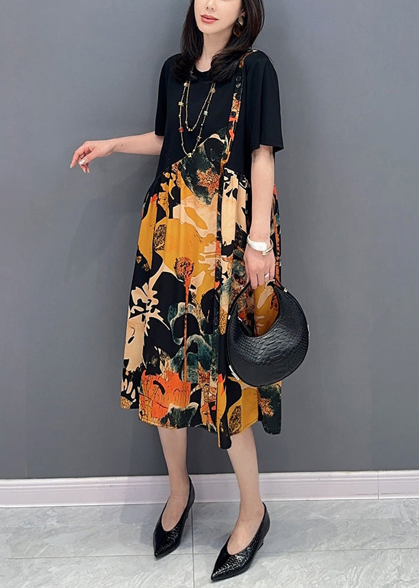 Fine Colorblock O Neck Wrinkled Print Patchwork Cotton Dresses Summer