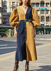 Fine Colorblock Puff Sleeve Patchwork Corduroy Dresses Spring