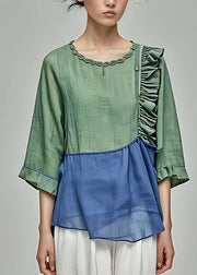 Fine Colorblock Ruffled Patchwork Tops Bracelet Sleeve