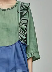 Fine Colorblock Ruffled Patchwork Tops Bracelet Sleeve