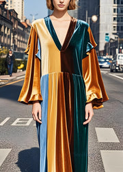 Fine Colorblock Ruffled Patchwork Velvet Long Dress Fall