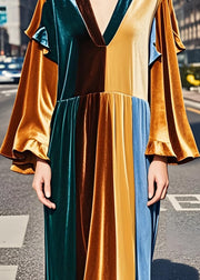 Fine Colorblock Ruffled Patchwork Velvet Long Dress Fall