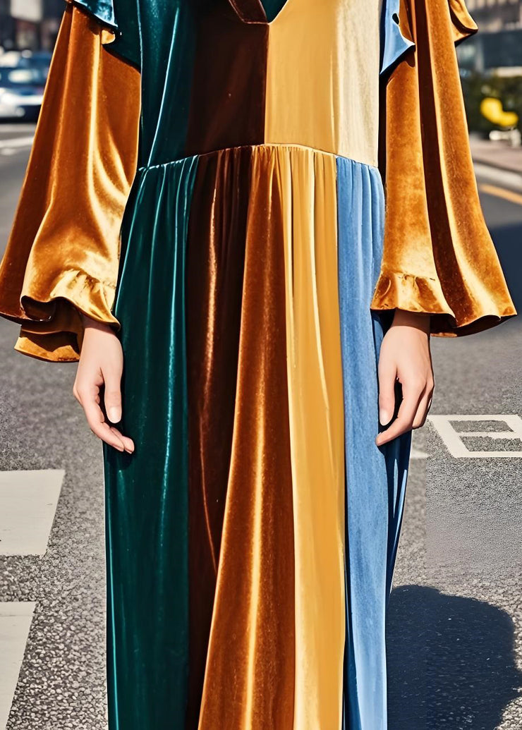 Fine Colorblock Ruffled Patchwork Velvet Long Dress Fall