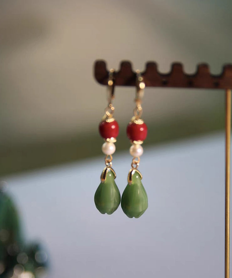 Fine Colorblock Sterling Silver Overgild Jade Orchid Drop Earrings