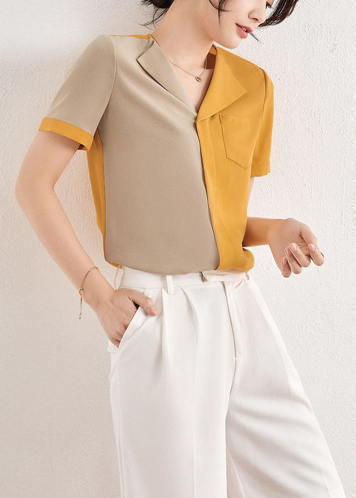 Fine Colorblock V Neck Patchwork Chiffon Shirt Summer