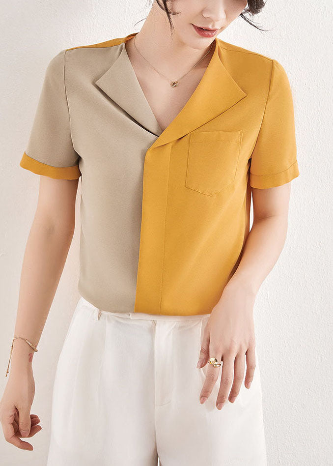 Fine Colorblock V Neck Patchwork Chiffon Shirt Summer