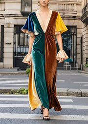 Fine Colorblock V Neck Velvet Long Dress Butterfly Sleeve